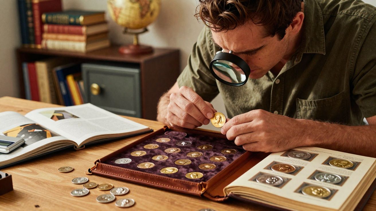 Homem examina moedas antigas com lupa em coleção organizada sobre mesa de madeira.