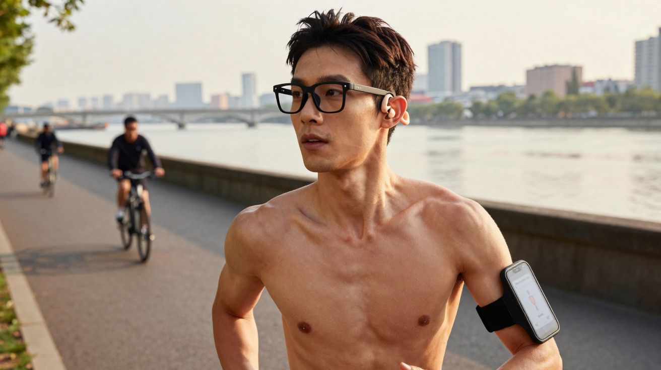 Homem asiático correndo sem camisa à beira de um rio com ciclistas ao fundo na cidade.