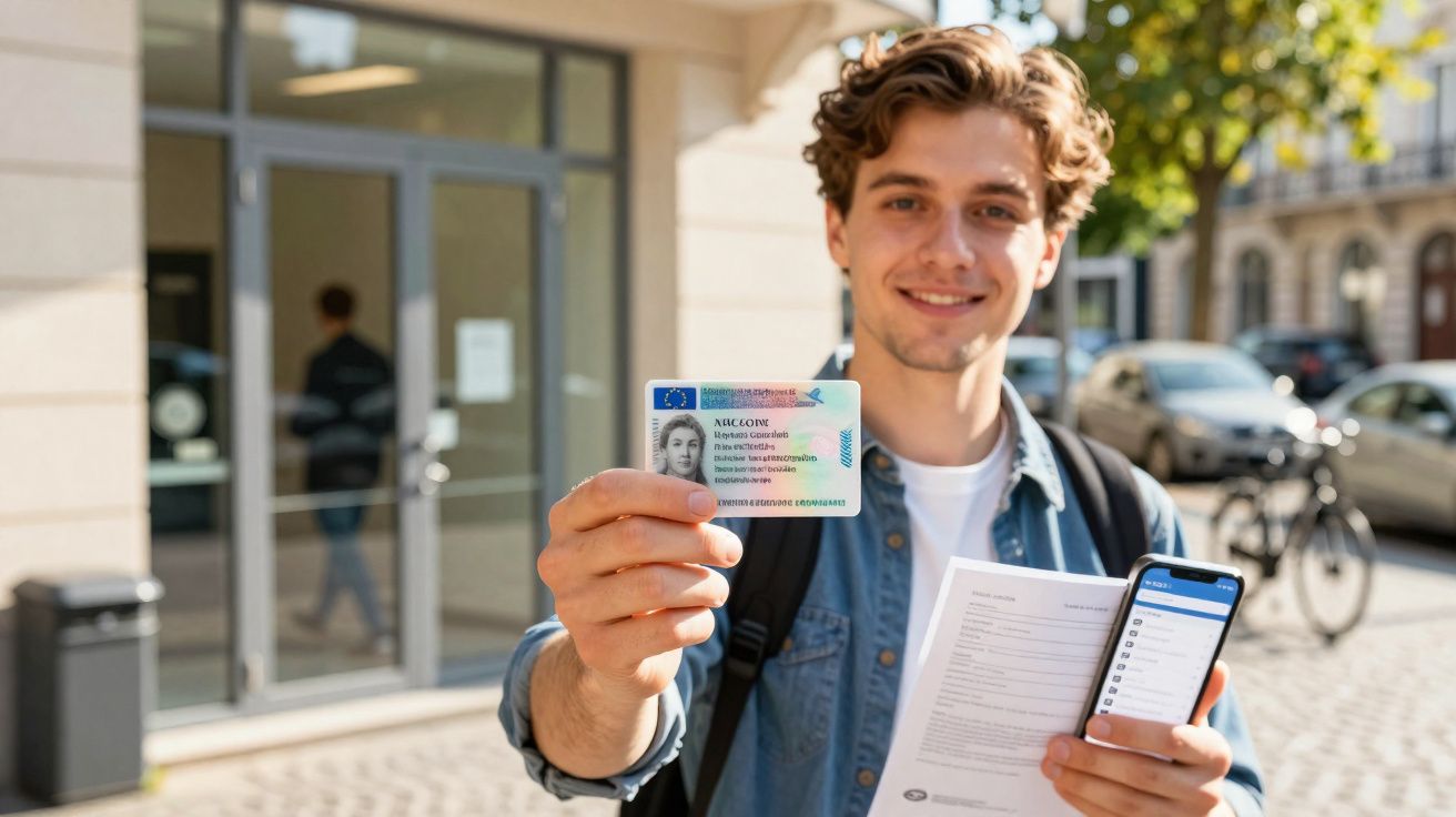 Jovem sorridente mostra carteira de identidade, documento papel e celular em área urbana ensolarada.