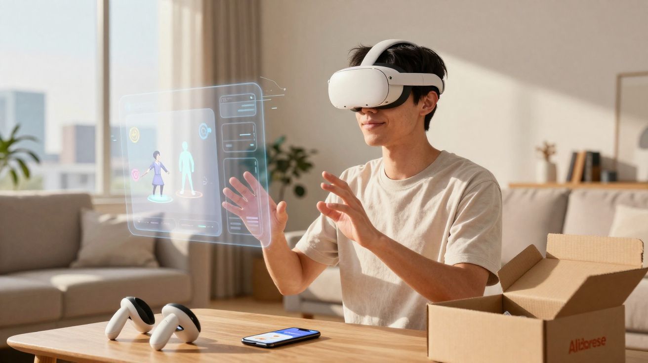 Jovem usando óculos de realidade virtual interage com interface holográfica em sala de estar.