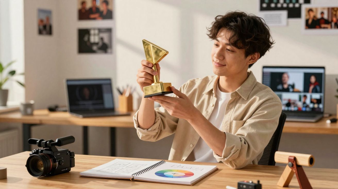 Jovem sorrindo enquanto segura um troféu dourado em escritório com câmera e caderno de cores sobre a mesa.