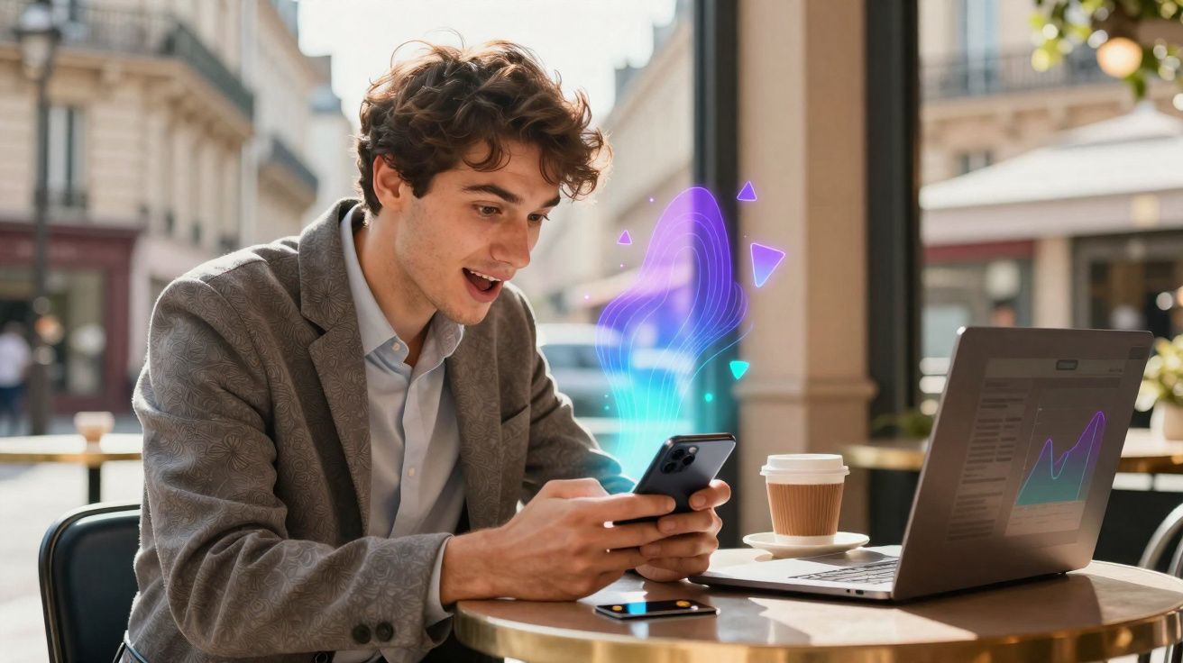 Homem animado usando celular em cafeteria, com laptop e holograma colorido saindo do aparelho.