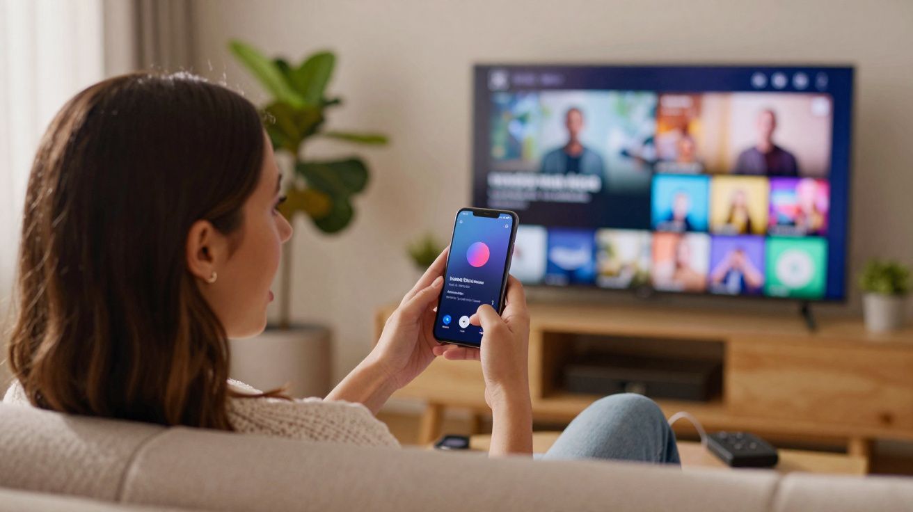 Mulher sentada no sofá controlando a TV com smartphone em sala de estar moderna.