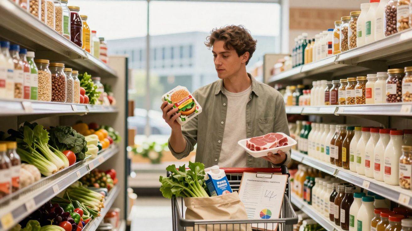 Homem em corredor de supermercado segurando carne e hambúrguer, analisando produtos para compra.