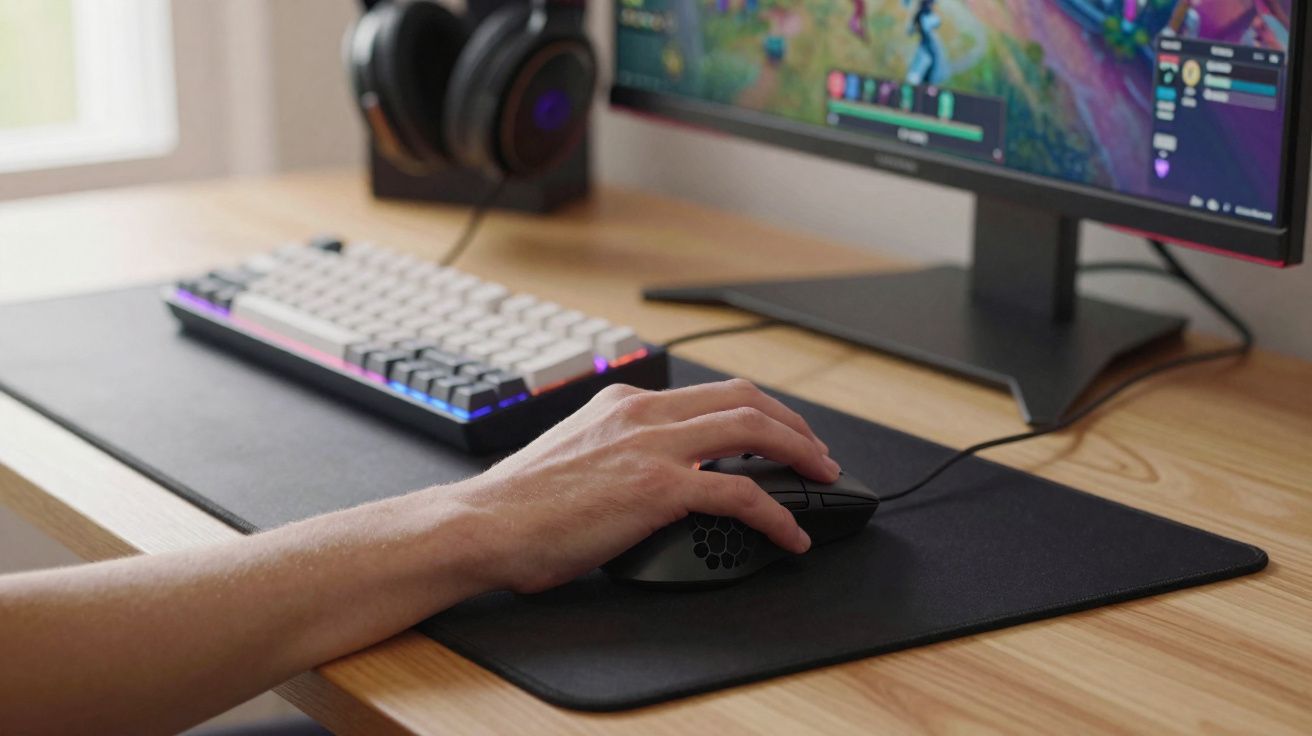 Mão usando mouse em mousepad com teclado e monitor mostrando jogo de computador em mesa de madeira.