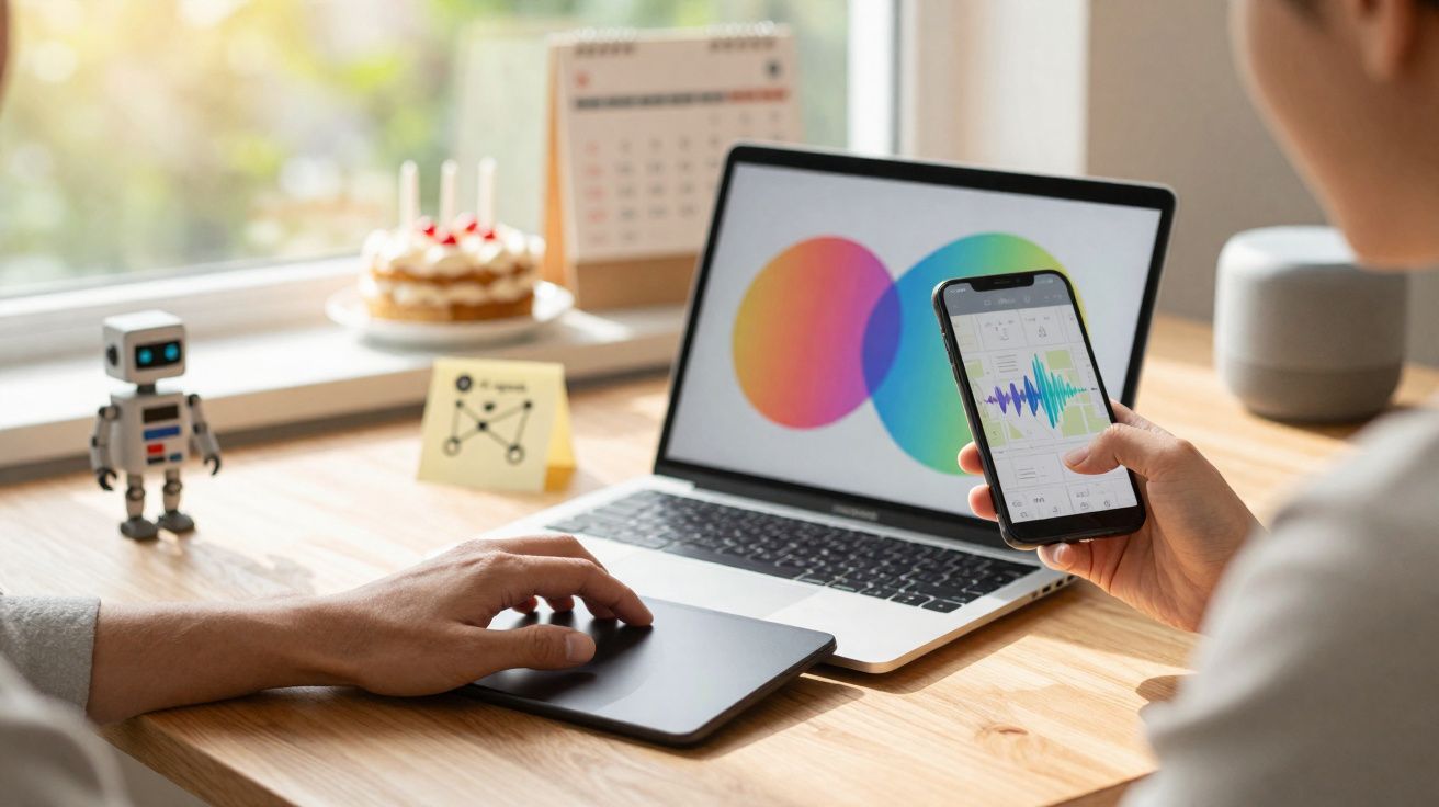 Pessoa usando smartphone e laptop com gráfico colorido em mesa de madeira perto de janela iluminada