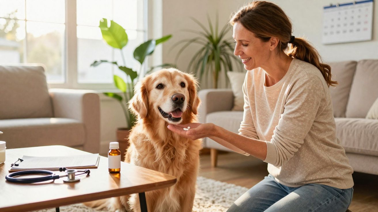 Mulher oferecendo remédio para cachorro dourado em sala iluminada, com estetoscópio sobre mesa.