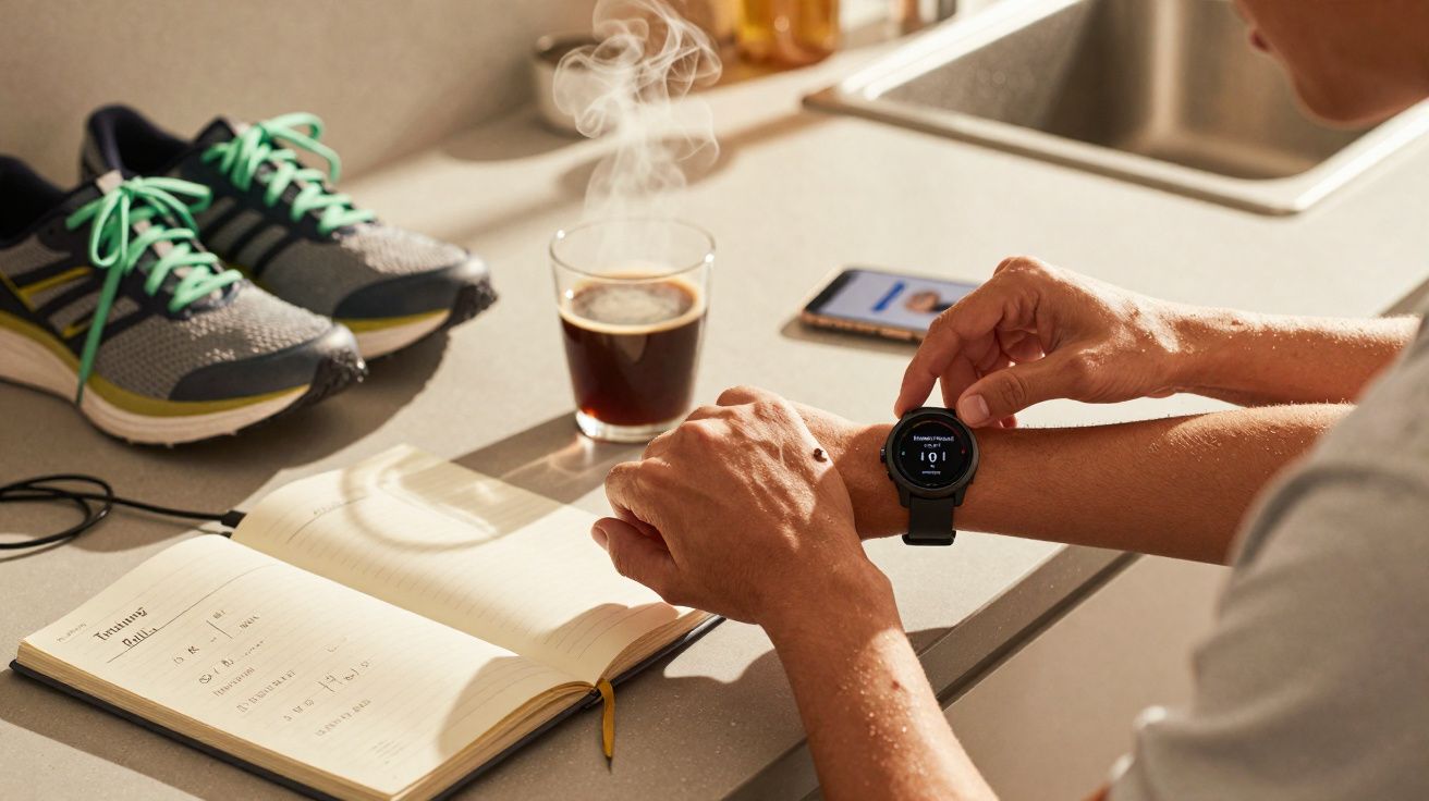 Pessoa ajustando relógio esportivo com tênis, café e agenda de treino em balcão de cozinha.