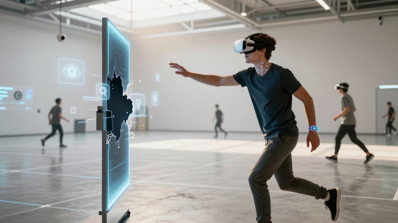 Jovem usando óculos de realidade virtual interage com holograma em ambiente interno amplo.