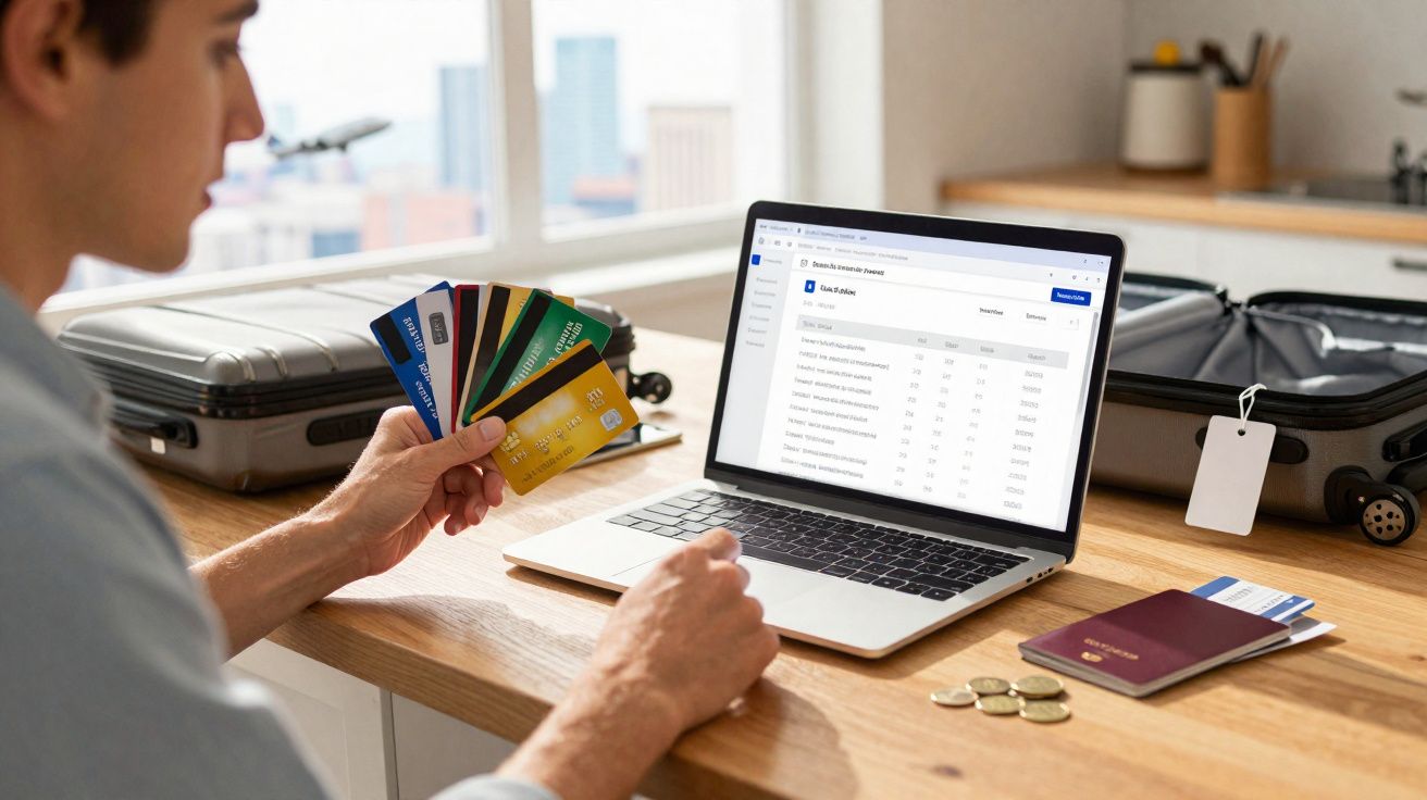 Pessoa segurando vários cartões de crédito sentada à mesa com laptop aberto e mala de viagem ao fundo.