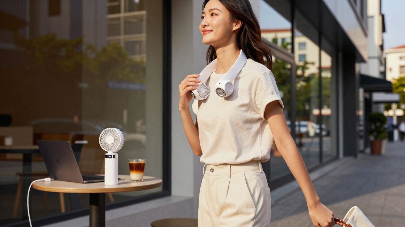 Mulher sorridente com ventilador portátil no pescoço passa ao lado de mesa com notebook e café.