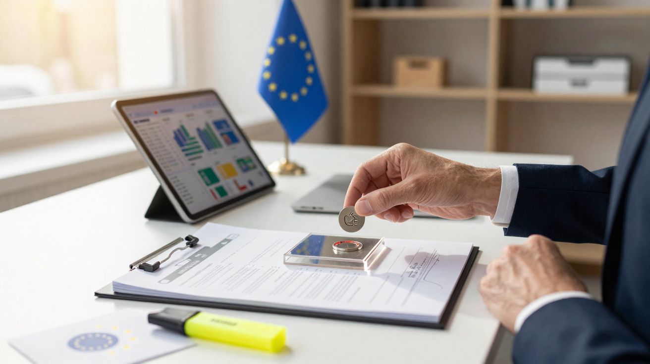 Pessoa depositando moeda de euro em cofrinho sobre documentos em mesa com tablet e bandeira da União Europeia.