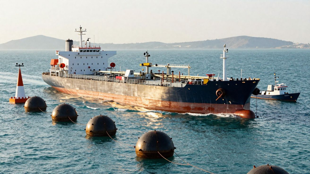 Navio cargueiro encalhado próximo a bóias e lancha em mar calmo com ilhas ao fundo.