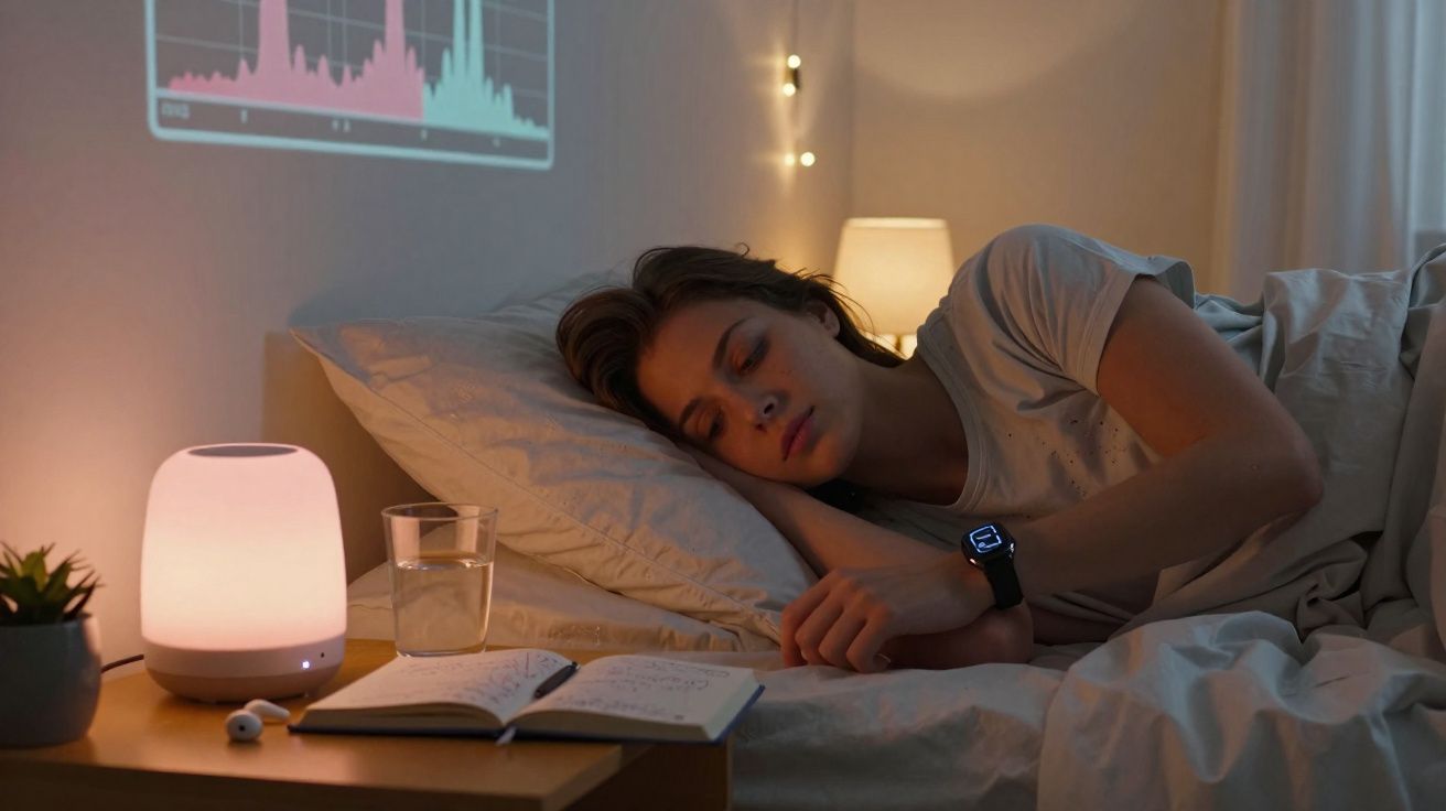 Pessoa dormindo deitada na cama com relógio inteligente, abajur aceso e copo d'água ao lado em quarto escuro.