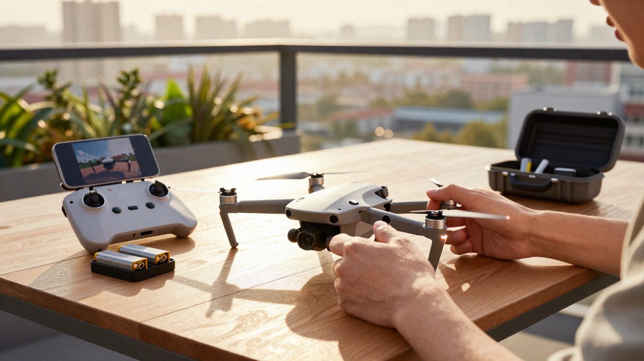 Pessoa ajusta drone cinza em mesa de madeira com controle remoto e baterias ao lado em área externa urbana.