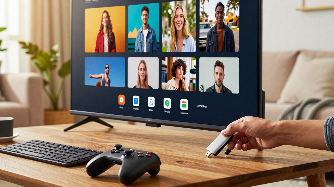 Tela de TV mostrando reunião virtual com oito pessoas, controle de videogame e teclado em mesa de madeira.