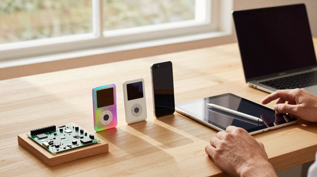 Linha do tempo da evolução do iPod e iPhone ao lado de tablet e notebook em mesa de madeira.