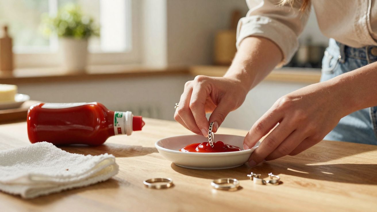 Pessoa mergulhando aliança em prato com ketchup sobre mesa de madeira clara.