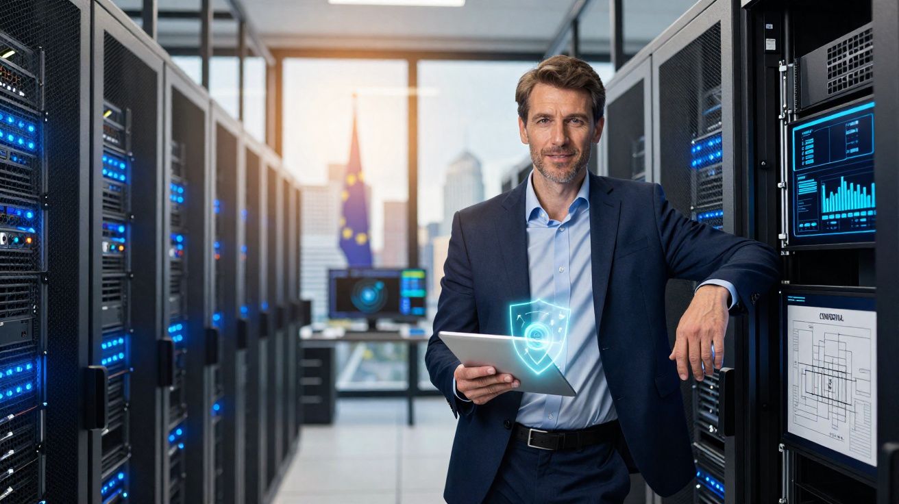 Homem em terno segurando tablet com ícone digital de escudo em sala de servidores.<|vq_10344|>
