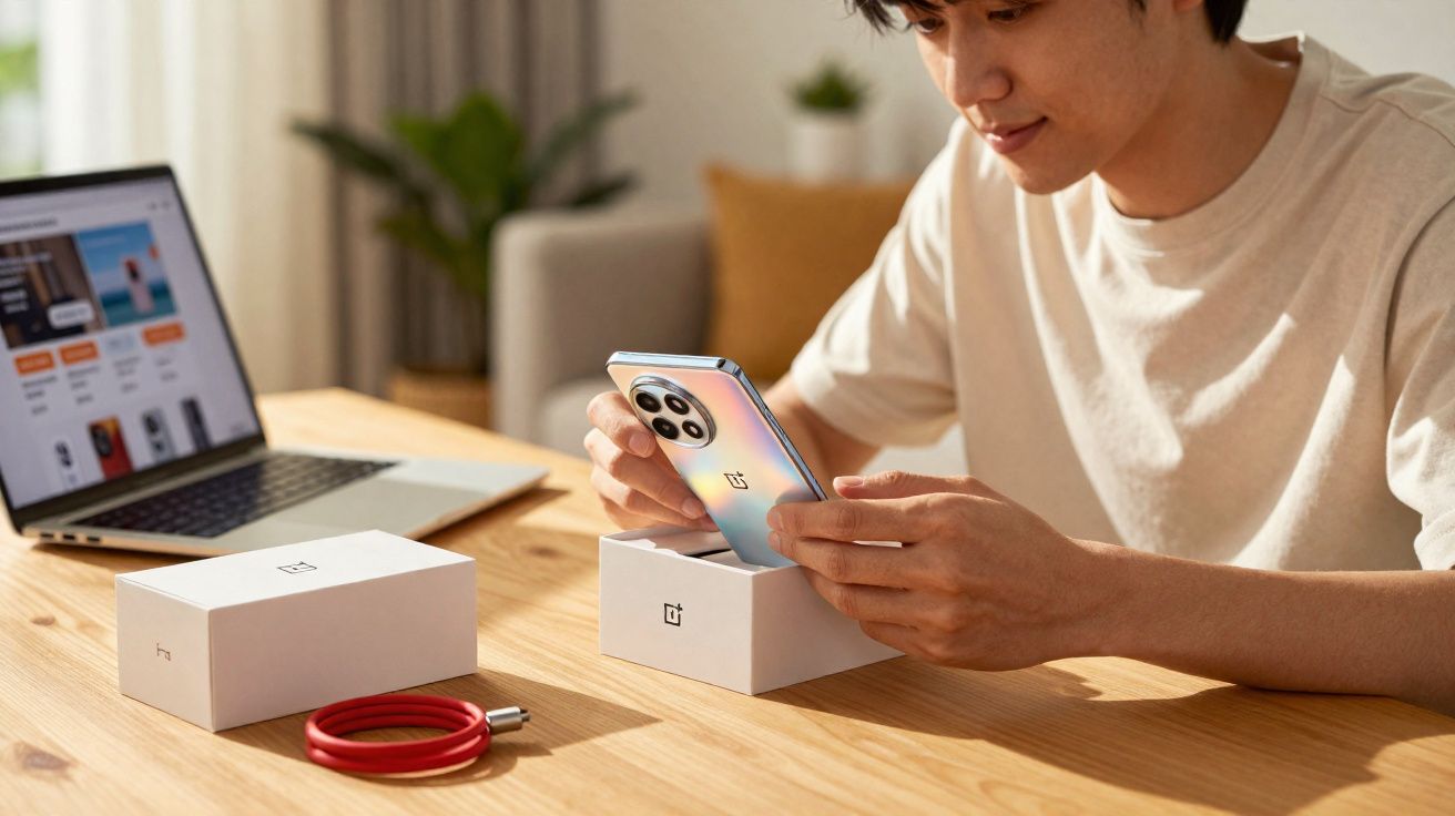 Pessoa desembrulhando um smartphone OnePlus prateado com caixas e cabo vermelho numa mesa de madeira.
