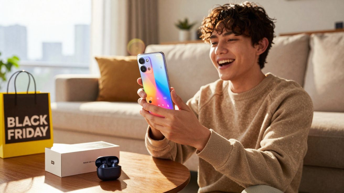 Jovem sorridente segurando celular e fones, sentado à mesa com sacola de Black Friday ao fundo.