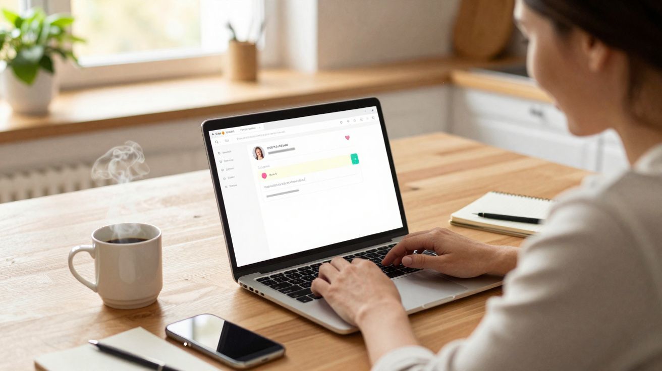 Pessoa digitando em laptop com café quente, celular e caderno sobre mesa de madeira clara.