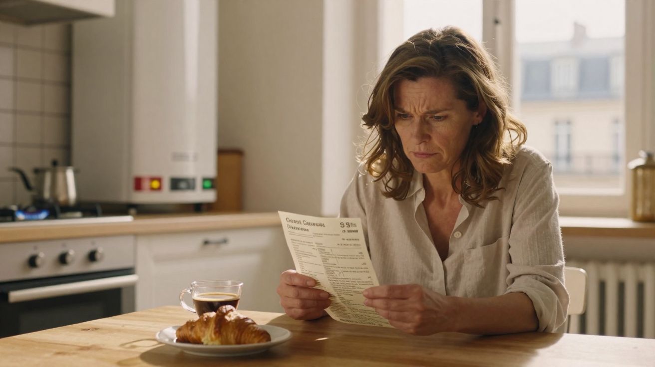 Mulher sentada à mesa da cozinha lendo conta com expressão preocupada, com café e croissant à frente.