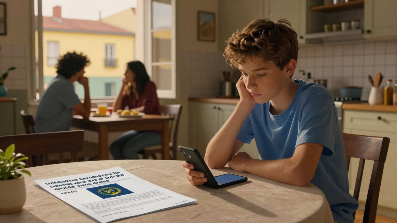 Adolescente com expressão triste mexendo no celular em cozinha, enquanto casal conversa ao fundo.