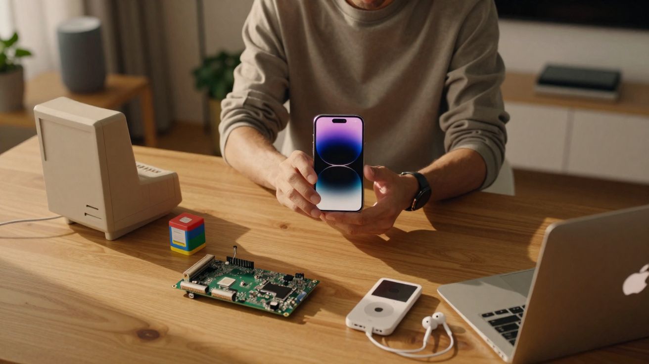 Pessoa segurando um iPhone sobre mesa com computador antigo, placa eletrônica, iPod e notebook Apple.
