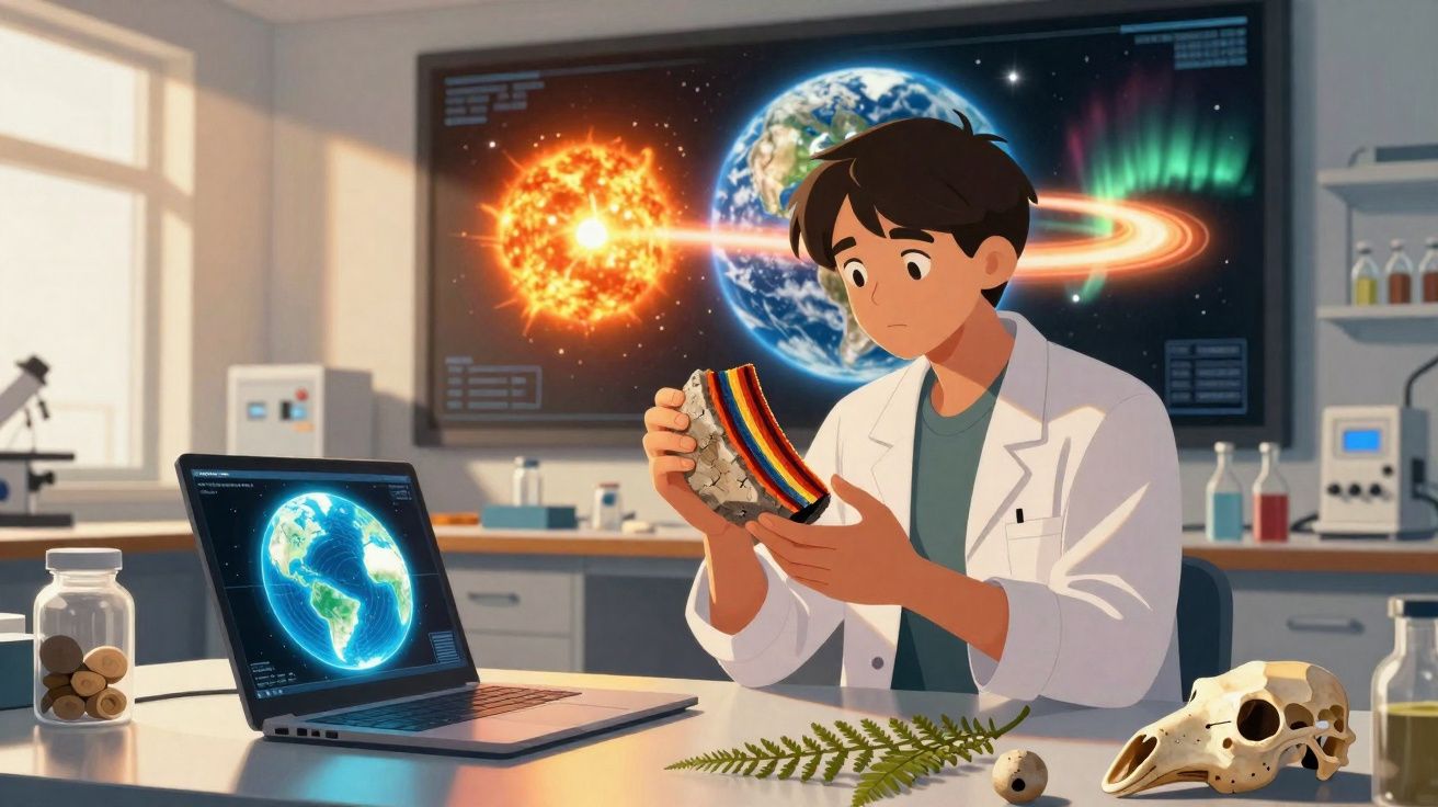 Cientista jovem observa amostra geológica colorida em laboratório com mapas da Terra e do Sol ao fundo.