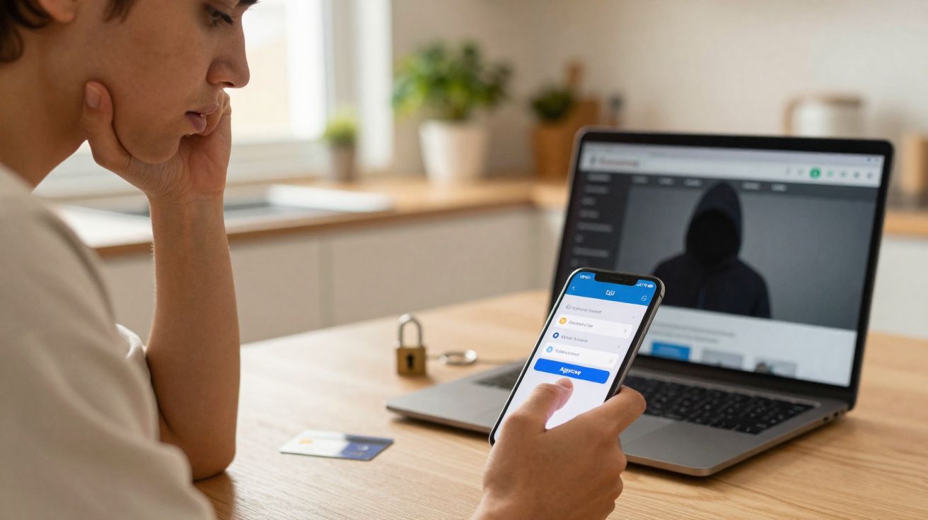 Pessoa segurando celular com aplicativo de autenticação, notebook com imagem de hacker e cadeado sobre mesa.