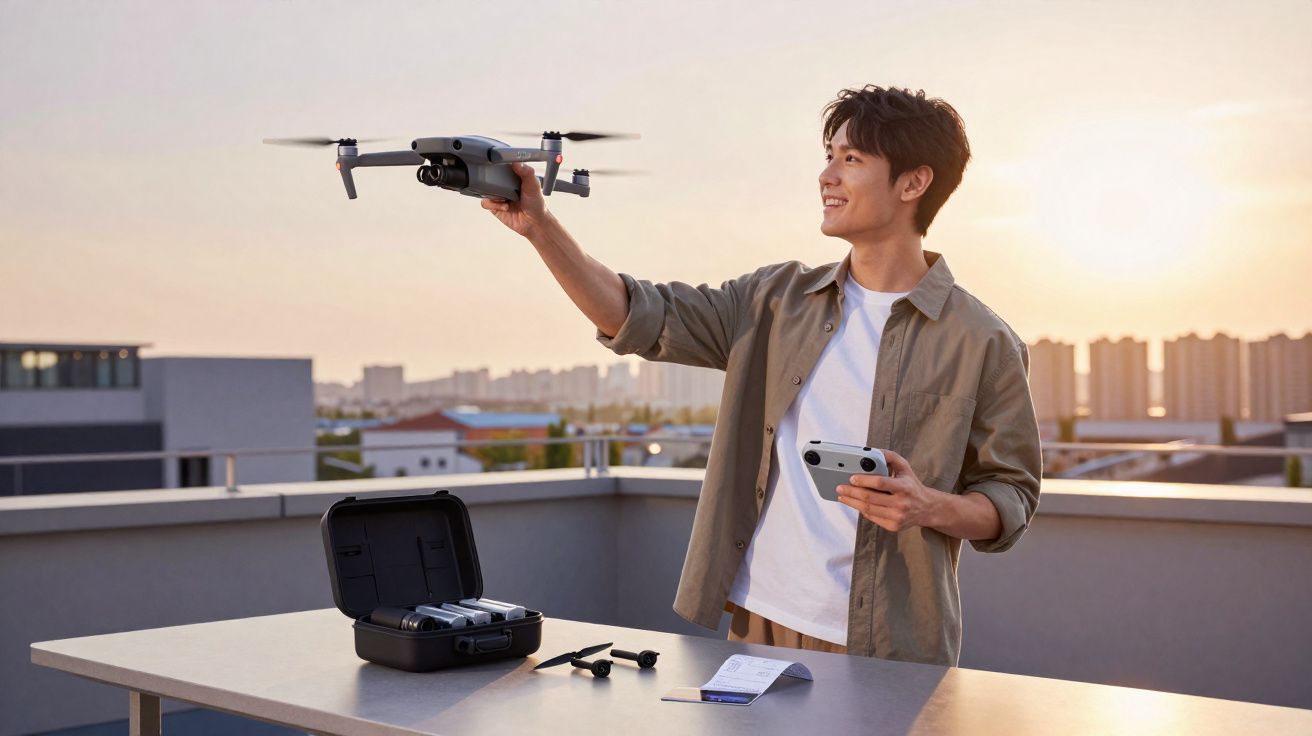 Homem segurando drone com controle em área externa no pôr do sol, ao lado de estojo aberto sobre mesa.