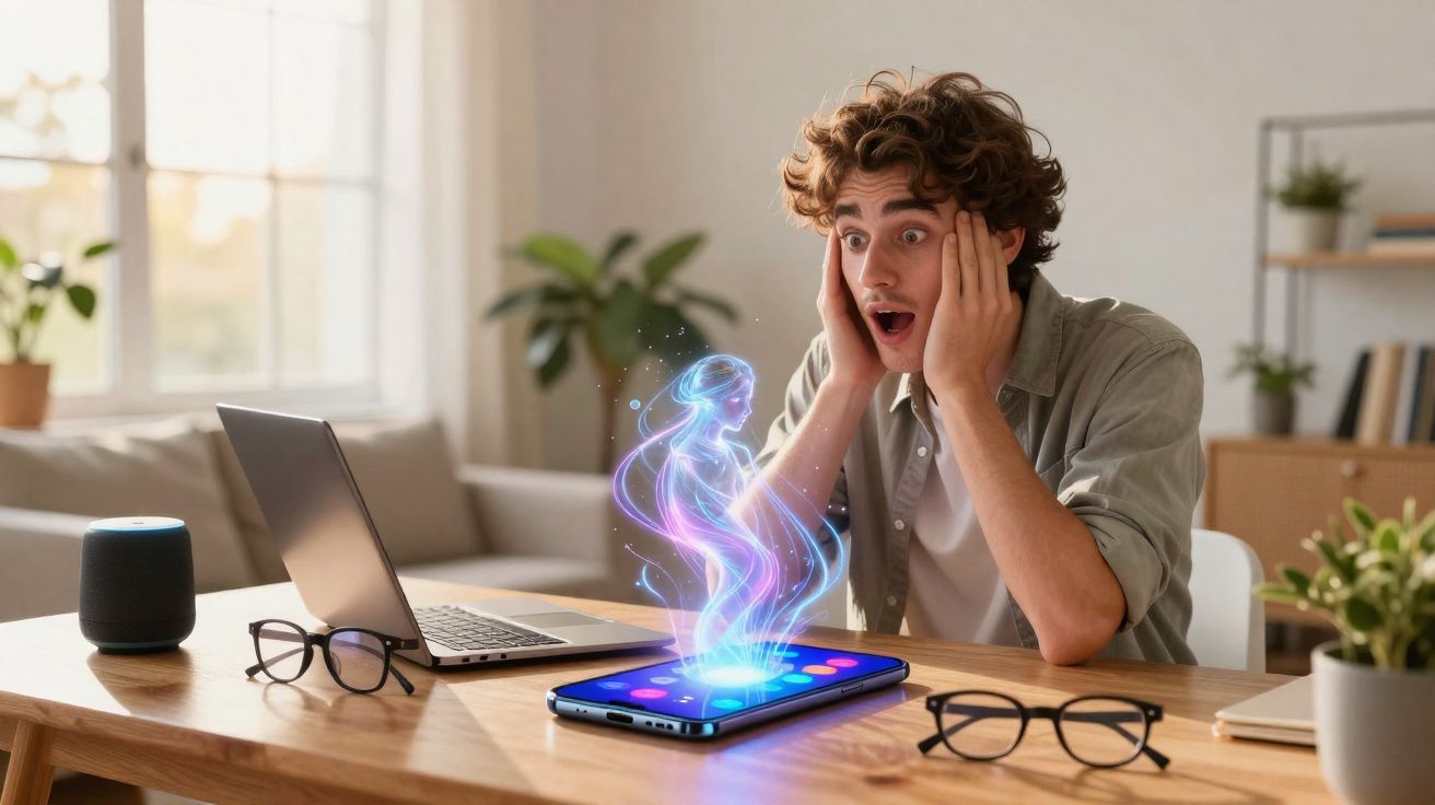 Homem surpreso olhando para holograma saindo de smartphone em ambiente de trabalho doméstico.