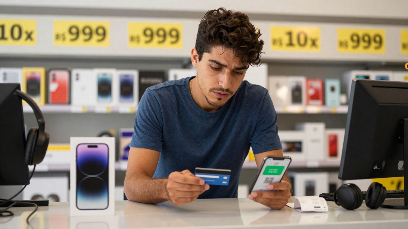 Homem fazendo pagamento com cartão de crédito e celular em loja de eletrônicos, com fones e placas de preço ao fundo.