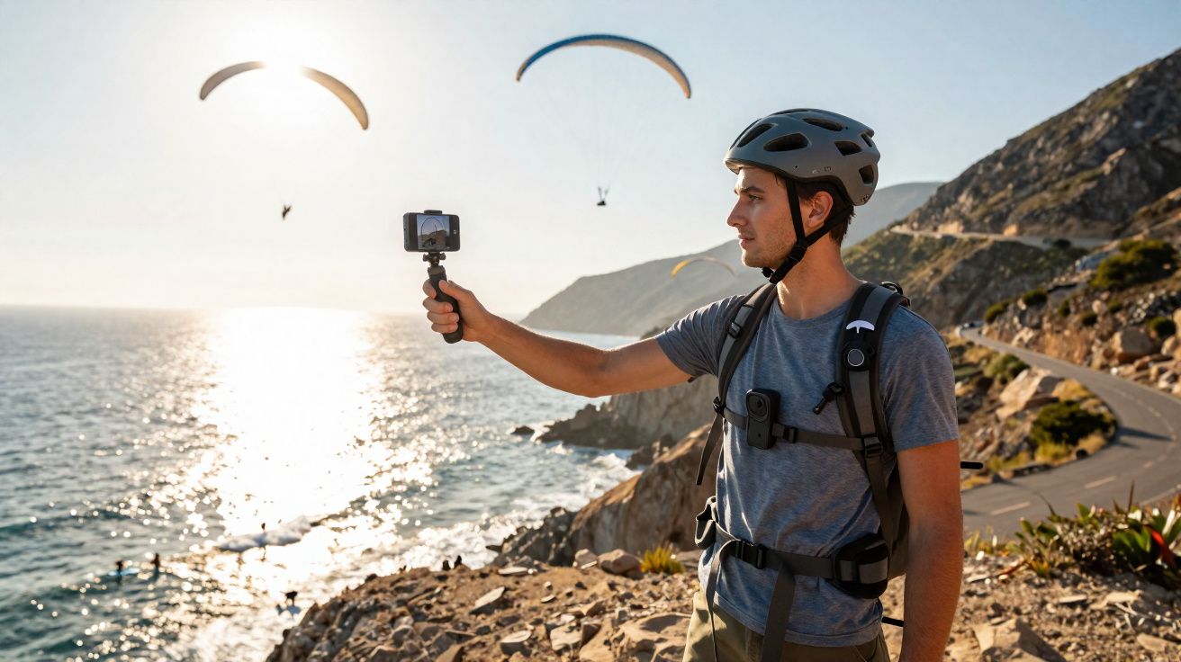 Homem com capacete grava vídeo com celular à beira de penhasco com parapentes no céu ao pôr do sol.