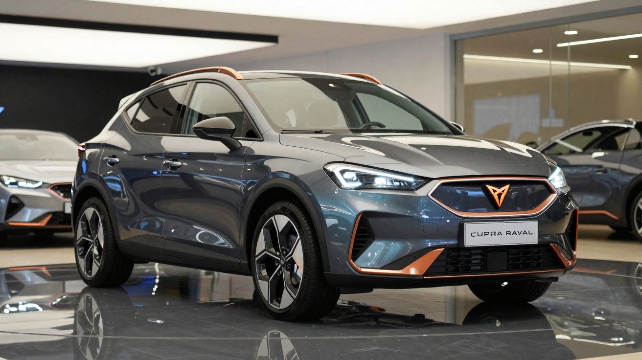Carro elétrico Cupra Raval cinza com detalhes em cobre exibido em showroom moderno.