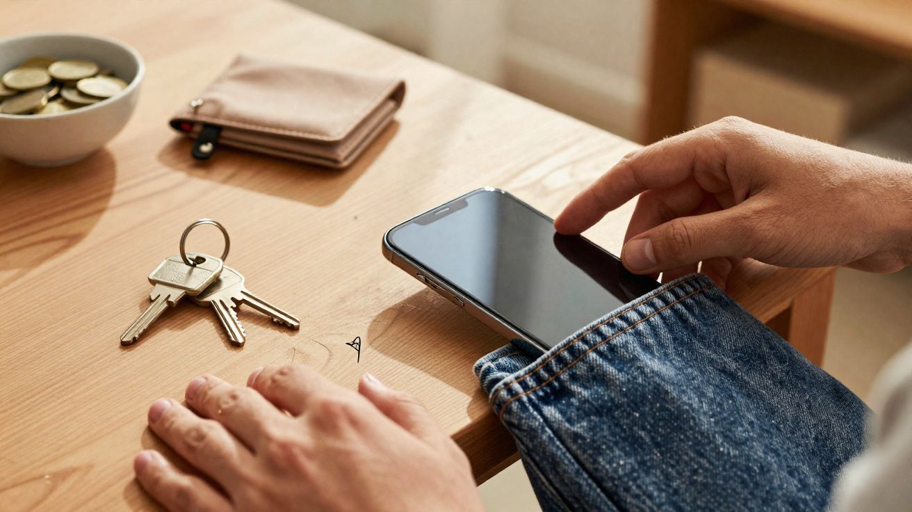 Pessoa guardando celular na barra da calça jeans sobre mesa com chave, carteira e pote com moedas.