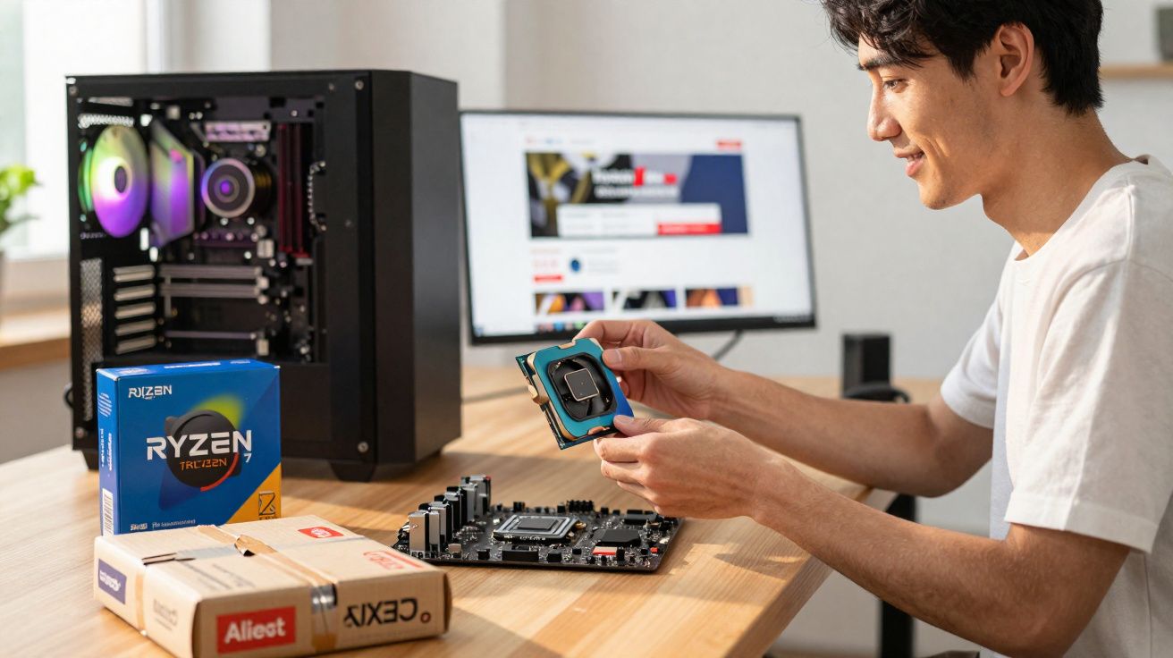 Jovem monta computador, segurando processador perto da placa-mãe em mesa com caixa de Ryzen 7 e gabinete.