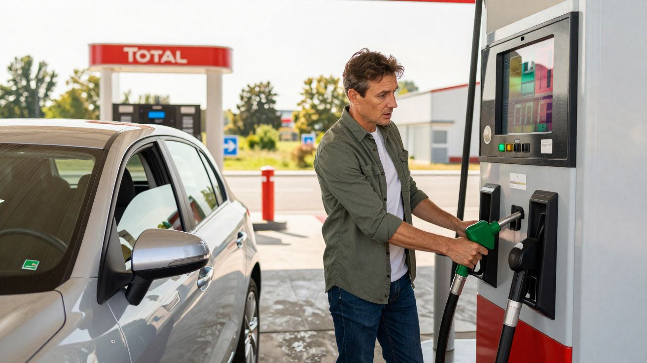 Homem abastecendo carro prateado em posto de gasolina Total em dia ensolarado.