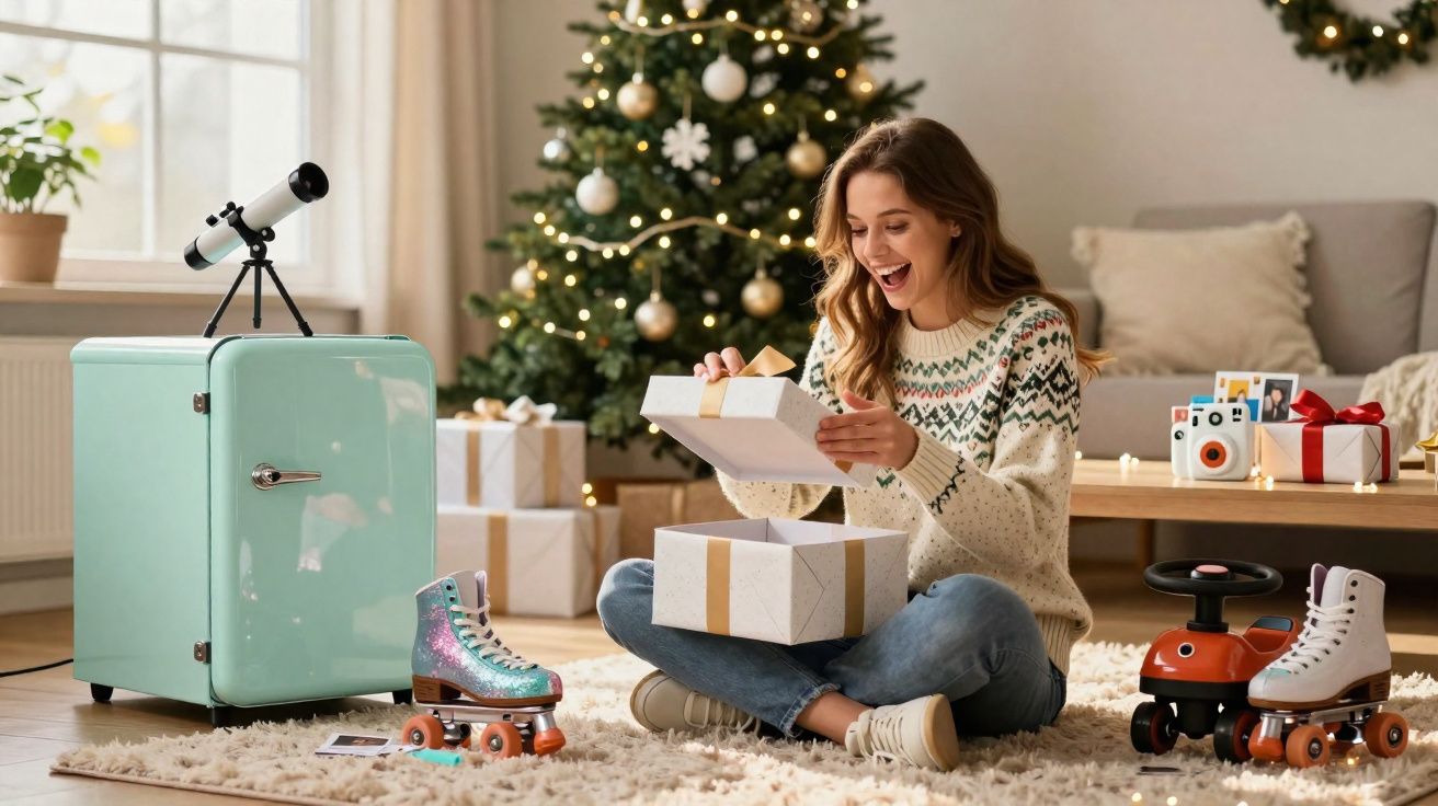 Mulher sorrindo ao abrir presente sentada no tapete, com árvore de Natal e patins ao redor.
