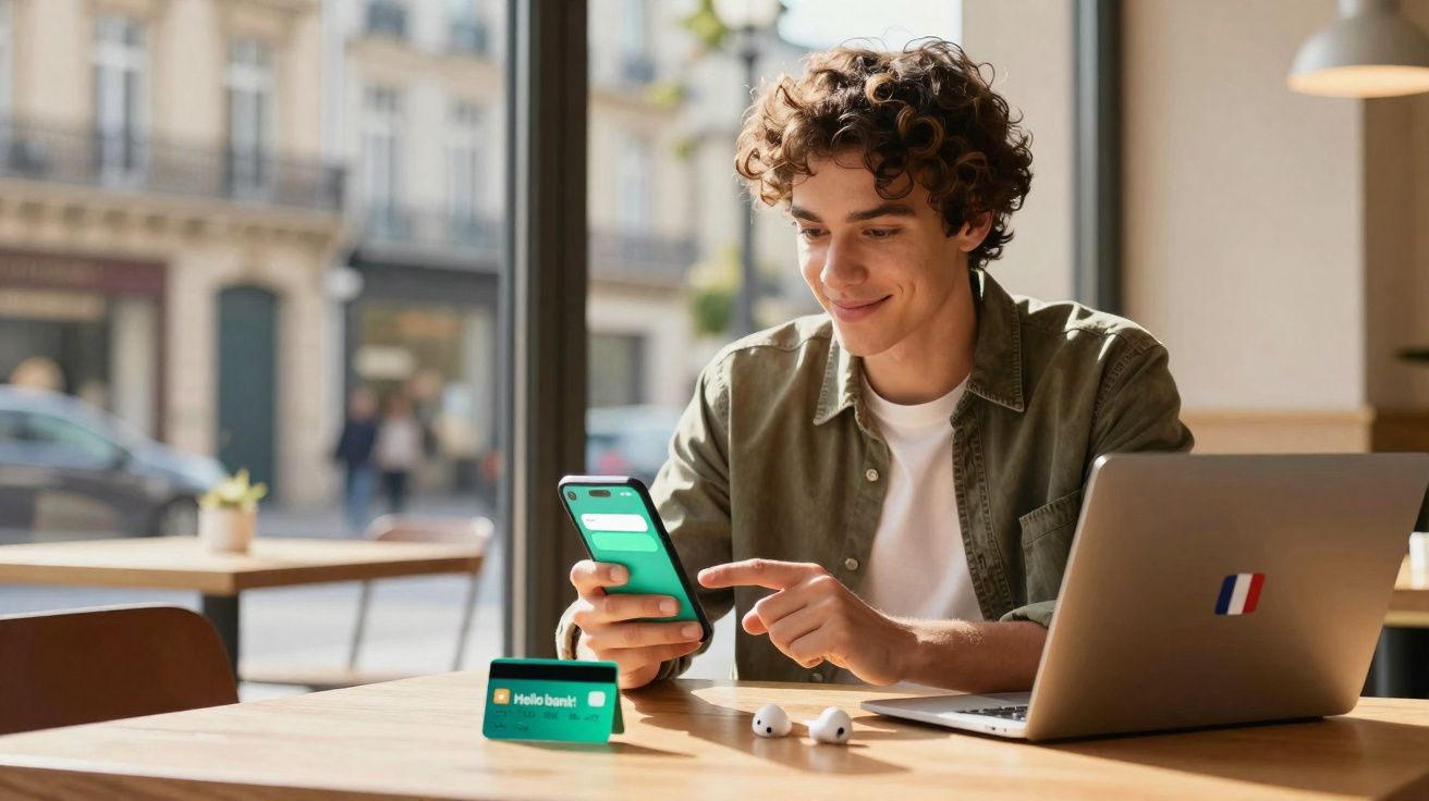 Jovem sorridente usando celular e laptop em mesa com cartão de banco e fones sem fio em café.