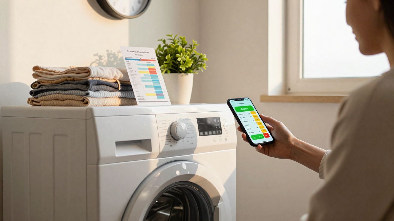 Pessoa segura celular com app para máquina de lavar roupas ao lado, que tem roupas dobradas e planta sobre ela.