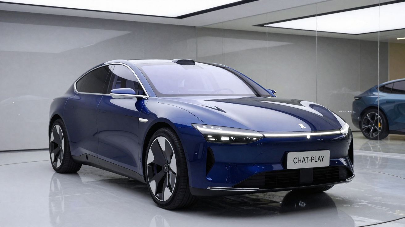 Carro elétrico esportivo azul em ambiente moderno com teto iluminado e paredes de vidro.