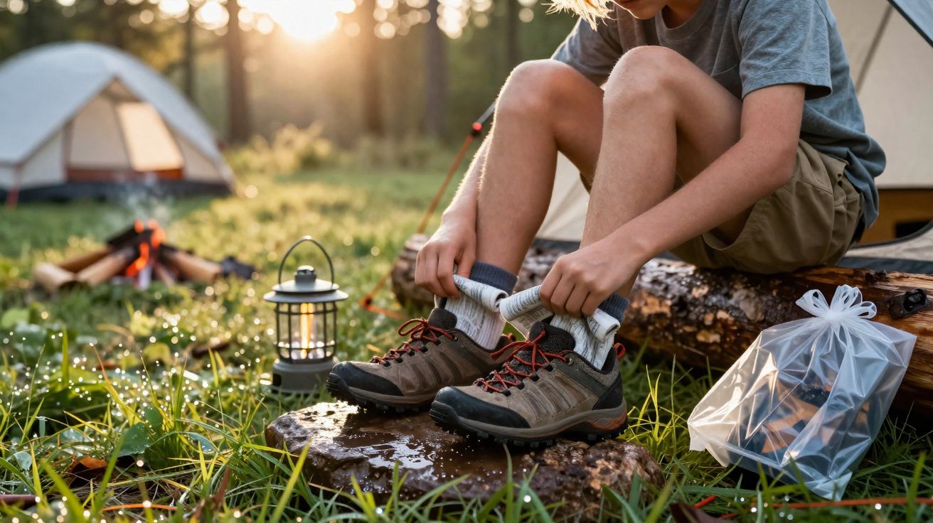 Criança sentada em tronco coloca meias em acampamento com barracas e lanternas ao redor.