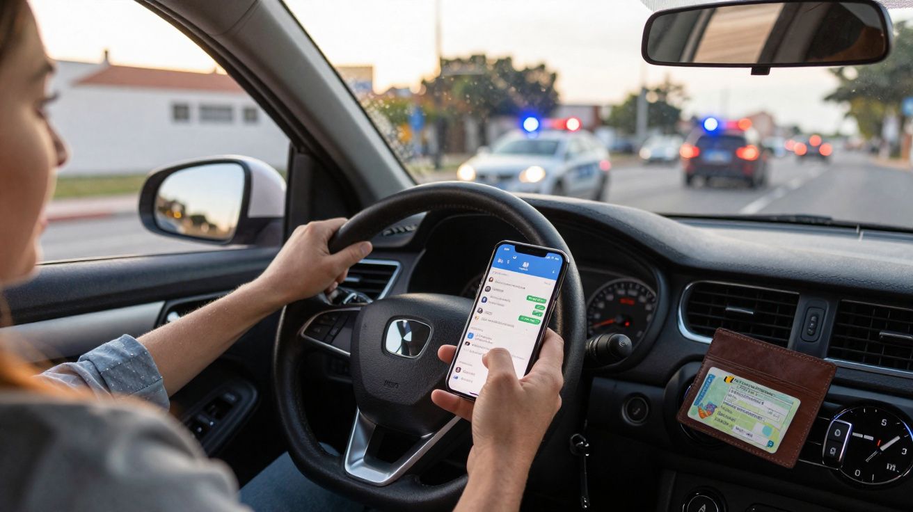 Mulher dirigindo e mexendo no celular com viaturas da polícia com luzes acesas ao fundo.
