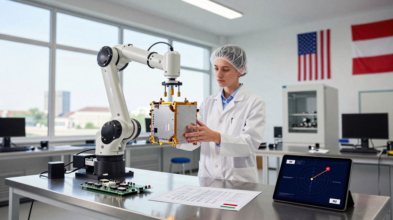 Cientista em laboratório manipula equipamento com braço robótico enquanto monitora dados em tablet.
