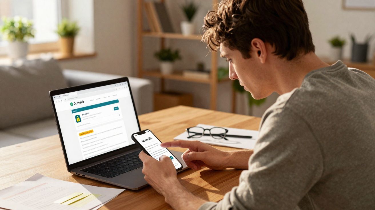 Homem sentado à mesa usando smartphone e notebook com documentos e óculos ao lado em ambiente claro.
