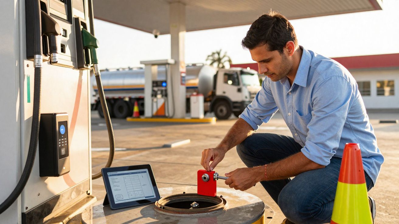 Homem usando ferramenta para manutenção em tanque de combustível em posto de gasolina.