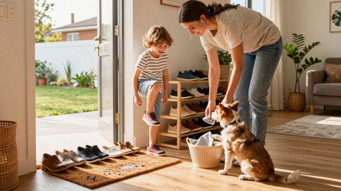 Mulher e menino colocando sapatos na entrada de casa com cachorro sentado aguardando.