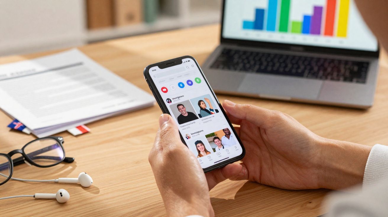 Pessoa segurando celular com aplicativo aberto, ao lado de óculos, fones e laptop com gráfico colorido na tela.